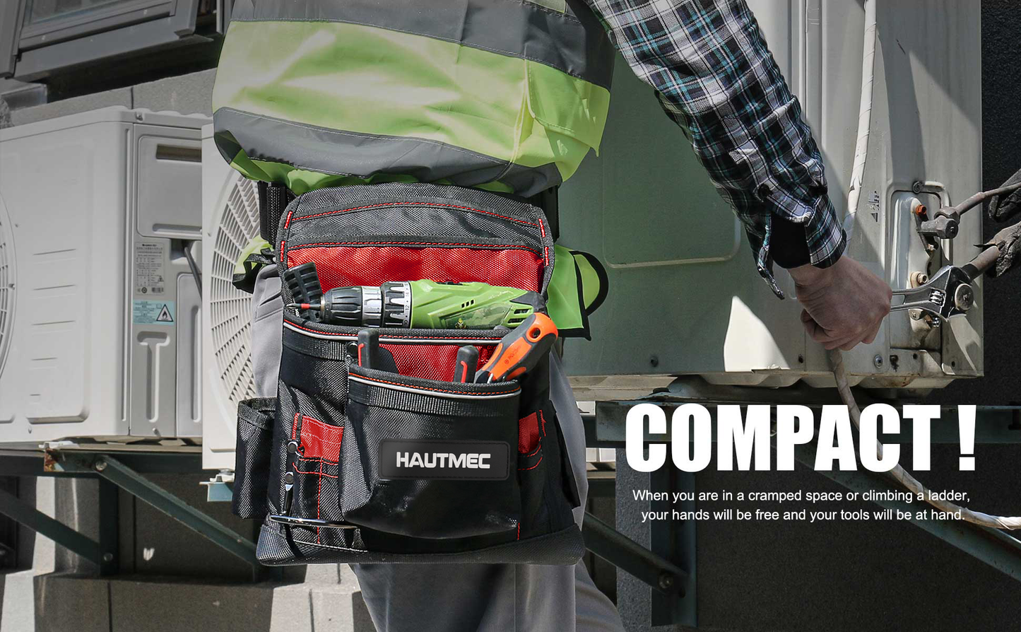 HAUTMEC Heavy Duty Framing Tool Belt Electrician Tools Pouch Organizer Work Belts For Men, 12-Pocket 1680D Tool Bag with Waist Strap Hammer Holder and 360°Reflective Strips, Black & Red HT0220-TBR