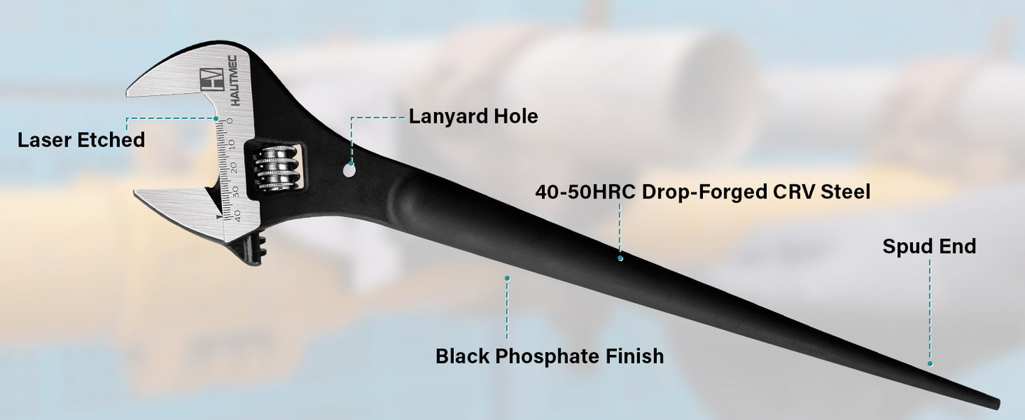 HAUTMEC 12 inch Adjustable Spud Wrench, Wide Jaw Up to 1-11/32"(34mm), Adjustable Spud Wrenches with Tail Pry Bar Features, Black Oxide Finish, Forged CR-V Steel Metric & SAE Scales with Tether Hole HTASM25017