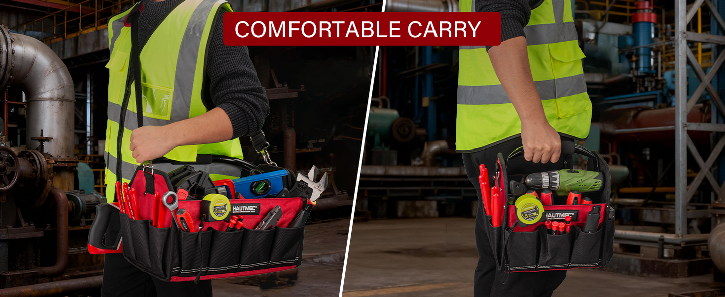 HAUTMEC 3PCS Heavy Duty Tool Tote Bag Set, 1680D Rigid Frame Tool Bags with Foldable Handle & Padded Shoulder Strap, Water-Resistant Hard Base, Multi-Pocket Tool Box Organizer – HTTBH25052