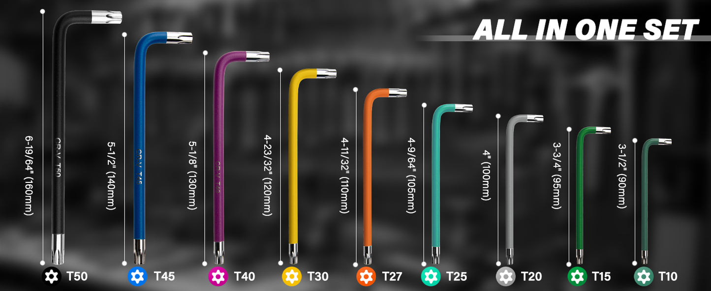 HAUTMEC Torx Allen Wrench Set, 9PCS Star Allen Key Set, T10-T50 Star Allan Wrench Sets with Visible Coding, CR-V Steel, Drilled Tips & Non-Slip Colorful Handles for Automotive, Bike, Furniture Repair HTHKH25042