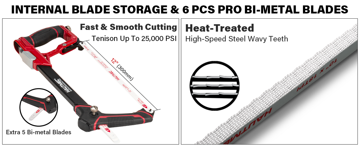 HAUTMEC 12" Fast Tension Hacksaw with Extra 5 HSS Blades, Heavy-Duty Aluminum Frame, Quick-Change Tension, Blade Storage, Pro Hack Saw with Dual Cutting Angles for Metal, PVC, Wood - HTHSH25034