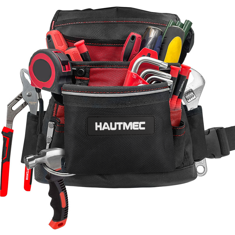 HAUTMEC Heavy Duty Framing Tool Belt Electrician Tools Pouch Organizer Work Belts For Men, 12-Pocket 1680D Tool Bag with Waist Strap Hammer Holder and 360°Reflective Strips, Black & Red HT0220-TBR