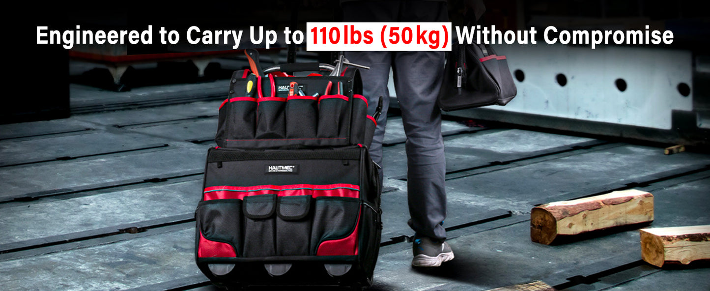 HAUTMEC 18" Rolling Tool Bag with Wheels, 23-Pocket Portable Tool Box Organizer with 600D Water-Resistant Fabric, Wide-Mouth Design, Oversized Wheels & Telescoping Handle - HT0059