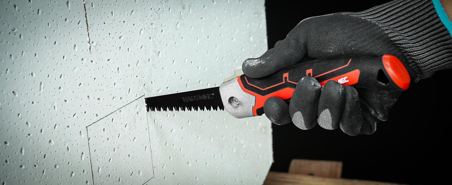 HAUTMEC 5" Folding Drywall Saw/Jab Saw/Keyhole Saw with Carbon Steel Blade, Sheetrock Saw with 7TPI Triple Sharpen Teeth, Compact Design with Holster, for Drywall, Wallboard, Plywood, PVC, HT0415