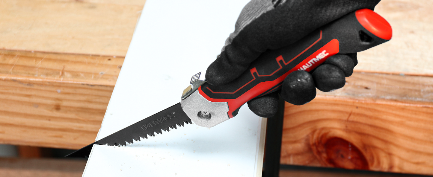 HAUTMEC 5" Folding Drywall Saw/Jab Saw/Keyhole Saw with Carbon Steel Blade, Sheetrock Saw with 7TPI Triple Sharpen Teeth, Compact Design with Holster, for Drywall, Wallboard, Plywood, PVC, HT0415