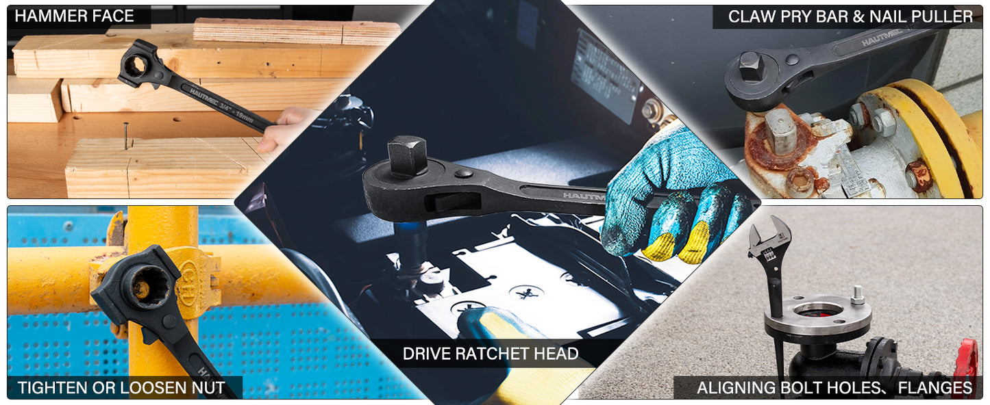 HAUTMEC 12" Spud Ratchet Wrench Set(3 PCS), Includes 3/4" x 7/8" Dual Socket Scaffold Ratchet Wrench with Hammer Function, 3/8" x 1/2" Dual Head Ratchet, and Adjustable Spud Wrench HTASM25021