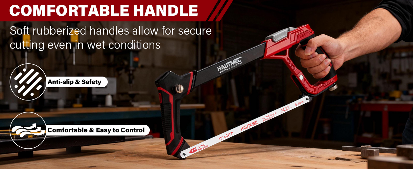 HAUTMEC 12" Fast Tension Hacksaw with Extra 5 HSS Blades, Heavy-Duty Aluminum Frame, Quick-Change Tension, Blade Storage, Pro Hack Saw with Dual Cutting Angles for Metal, PVC, Wood - HTHSH25034