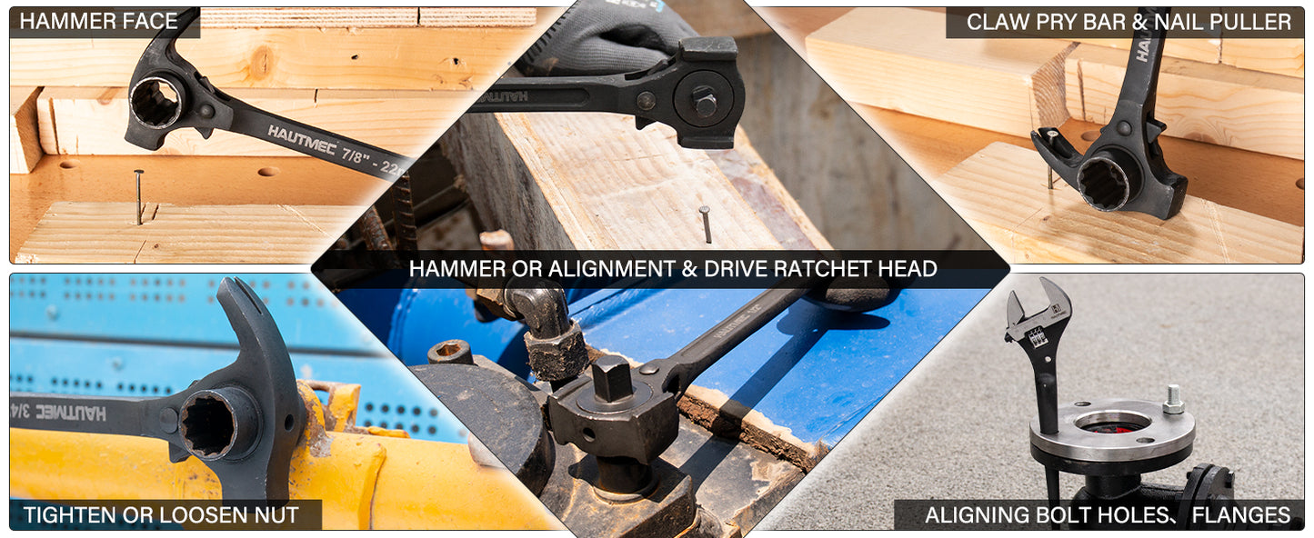 HAUTMEC 12inch Spud Ratchet Wrench Set(3 PCS), Includes 3/4" x 7/8" Dual Socket Scaffold Ratchet Wrench with Claw Pry Bar & Hammer Function, 3/8" x 1/2" Dual Head Ratchet, and Adjustable Spud Wrench HTASM25020