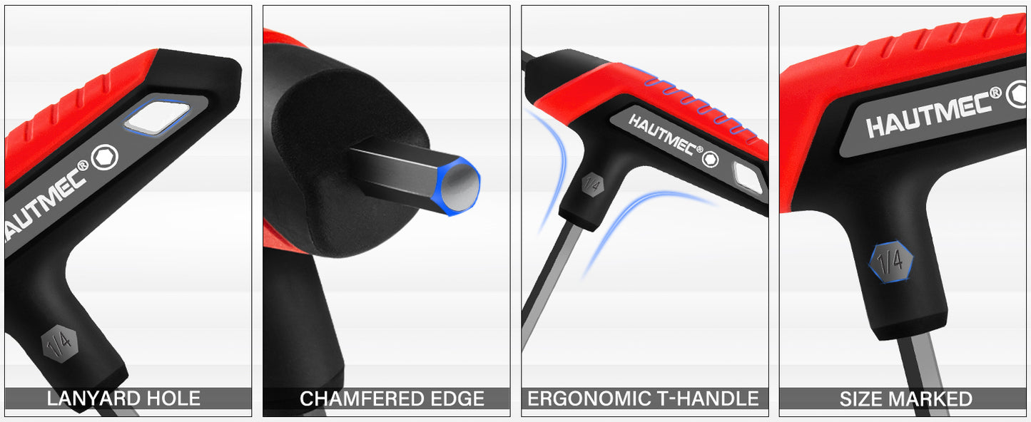 HAUTMEC 14-Piece T-Handle Allen Wrench Set, SAE & Metric T-Handle Hex Key Set, High Torque CR-V Steel Allen Key Set with Storage Rack, for Bike, Motorcycle, Furniture & Auto Repair, HTHKH25040