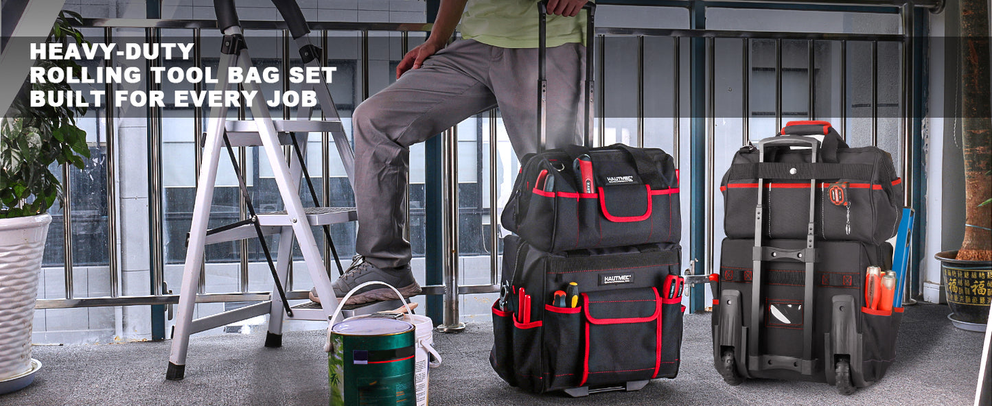 HAUTMEC 2-Piece Rolling Tool Bag Set, 15” Heavy-Duty Tool Bag with Wheels & 15" Wide Mouth Utility Bag, 1680D Water-Resistant Durable Tool Storage – HT0288