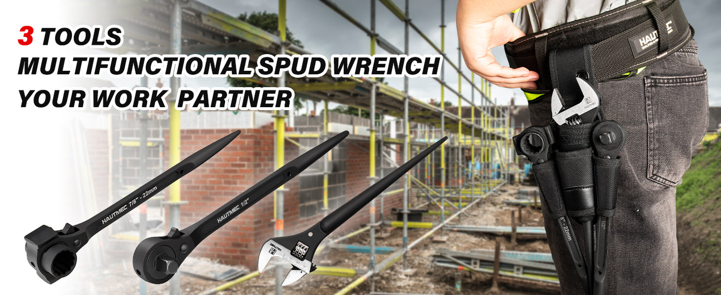 HAUTMEC 12" Spud Ratchet Wrench Set(3 PCS), Includes 3/4" x 7/8" Dual Socket Scaffold Ratchet Wrench with Hammer Function, 3/8" x 1/2" Dual Head Ratchet, and Adjustable Spud Wrench HTASM25021