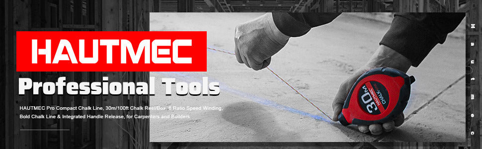 HAUTMEC Chalk Line with 30m/100ft Chalk Line Tool, 6:1 Gear Ratio Chalk Box, Ideal for Deck Builders, Framers, and Roofers HT0108