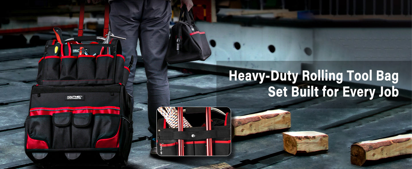 HAUTMEC 3 Piece Heavy-Duty Rolling Tool Bag Set, 18” Wheeled Tool Bag, 15” Electrician Tool Tote & 12” Wide Mouth Bag, 1680D Oxford Fabric Portable Tool Storage – HTTBM25006
