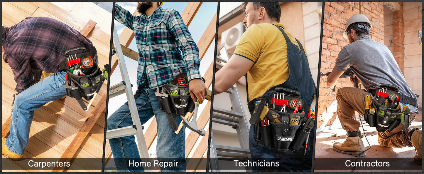 HAUTMEC Heavy-Duty Tool Pouch with Drill Holster, 1680D Tool Bag for Belt with Rubber Handle, 2 Main Compartments, 4 Leather Pockets, 11 Elastic Loops, Tape Measure Holder – HT0410