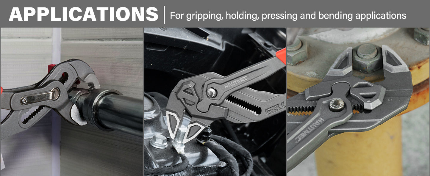 HAUTMEC 2-Piece 10 Inch Adjustable Pliers Wrench & Water Pump Pliers, Parallel Smooth Jaw & V-Jaw, CR-V Steel, Fast Adjustable Tongue and Groove Joint Pliers for Plumbing, Mechanical, Home Repair HTAWH25027