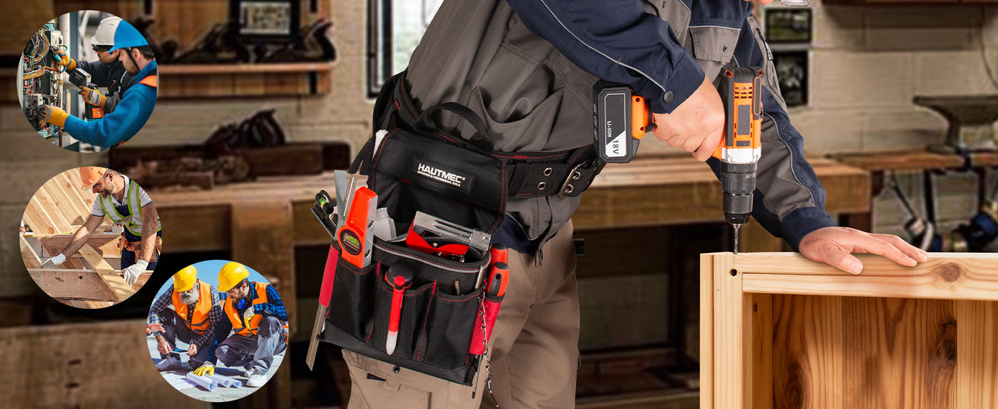 HAUTMEC Heavy-Duty Tool Belt Bag with 20 Pockets & Thickened Lumbar Support, 1680D Oxford Electrician Tool Pouch Organizer with Adjustable Waist Strap, Hammer Holder & Reflective Safety Strips, HT0177