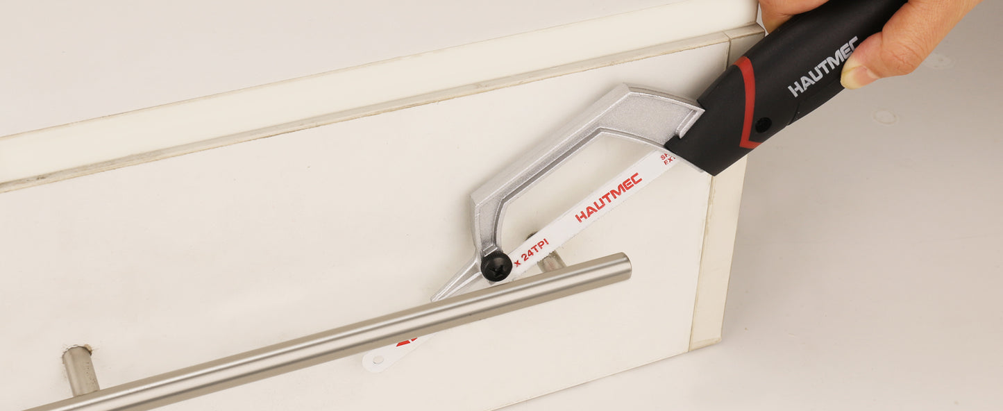 HAUTMEC Mini Hacksaw, 10" Compact Hacksaw with Cutting Guide Design, Tool-Free Blade Change, Compatible with 10"/12" Blades, Lightweight Hack Saw for Metal, PVC & Wood Cutting – HT0426