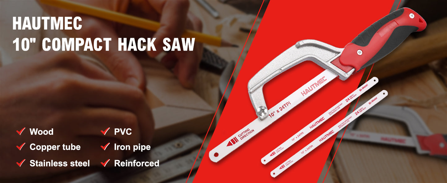 HAUTMEC Mini Hacksaw, Compact Hand Saw with 10" Bi-Metal HSS Blade, Lightweight Hack Saw for Metal Wood PVC, Especially Cuts In Tight Hard-Reach Spaces – HT0355
