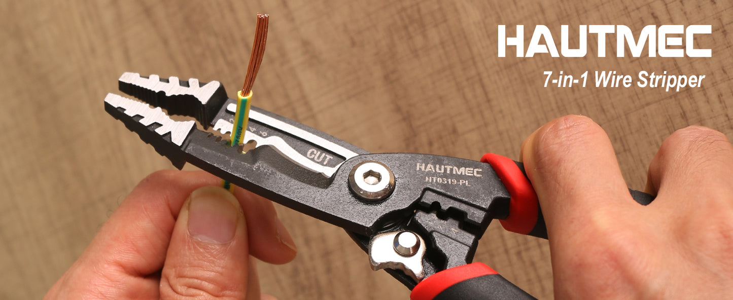 HAUTMEC 7-in-1 Wire Stripper Cutters Tool, 8" Wire Strippers, Electrical, Wire Cable Stripper and Crimping Tool, Multifunctional Pliers HT0319-PL