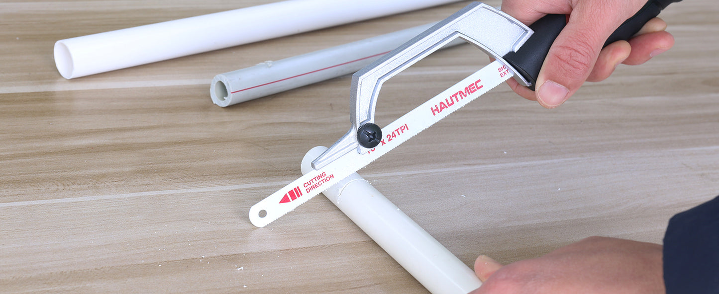 HAUTMEC Mini Hacksaw, 10" Compact Hacksaw with Cutting Guide Design, Tool-Free Blade Change, Compatible with 10"/12" Blades, Lightweight Hack Saw for Metal, PVC & Wood Cutting – HT0427