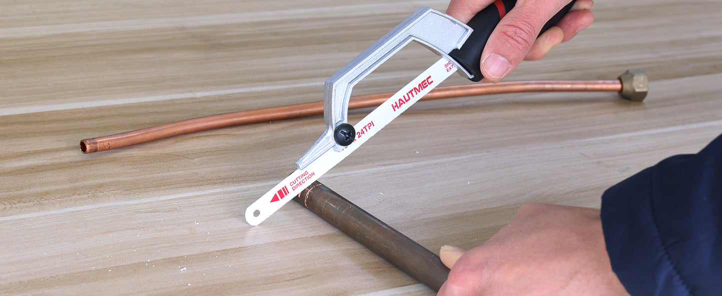 HAUTMEC Mini Hacksaw, 10" Compact Hacksaw with Cutting Guide Design, Tool-Free Blade Change, Compatible with 10"/12" Blades, Lightweight Hack Saw for Metal, PVC & Wood Cutting – HT0427