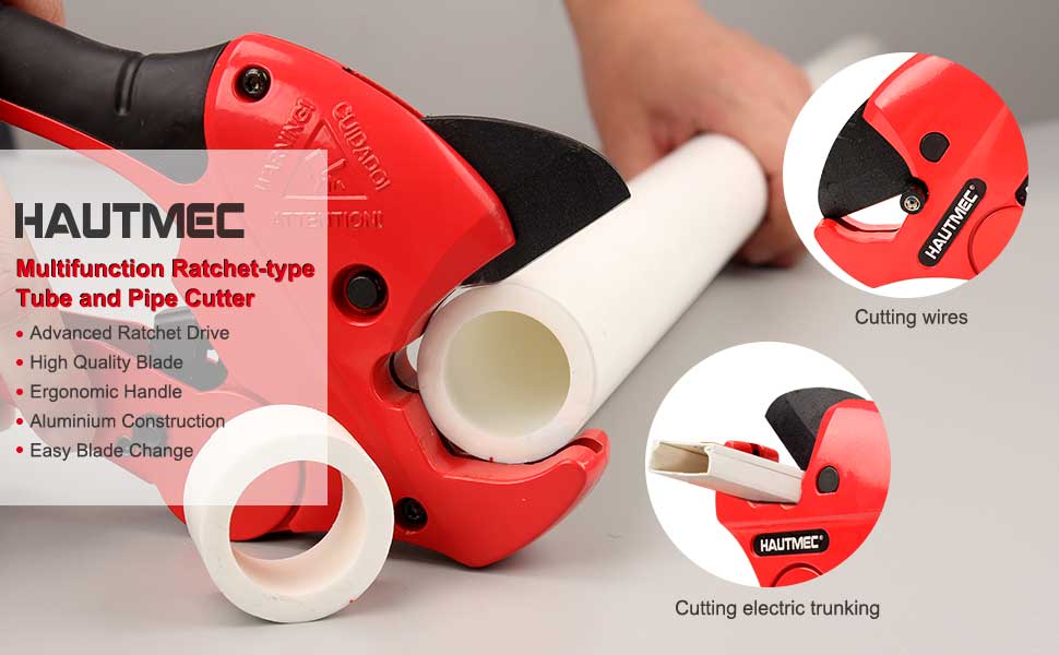 HAUTMEC Multifunction Ratchet-type Tube and Pipe Cutter, One-hand Fast Pipe Cutting Tool for Cutting Up to 1-5/8 inch, 3-in-1 Tubes, Wire and Trunking cutter HT0257-TC