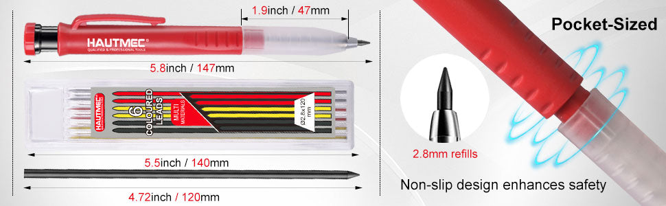 HAUTMEC 2 Pack 3-in-1 Carpenter Pencils with Removable Finger Grip, Built-in Sharpener and 14 Leads (3 Colors), Mechanical Construction Pencil for Deep Marking Scribing, Pro Tracer Pencil, HT0293-2