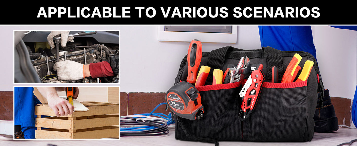 HAUTMEC 12 Inch Small Tool Bag, 1680D Wide Mouth Tool Box Organizer, Portable Utility Bag with Wear-Resistant Non-Slip Base and Double Zipper Design, HT0286