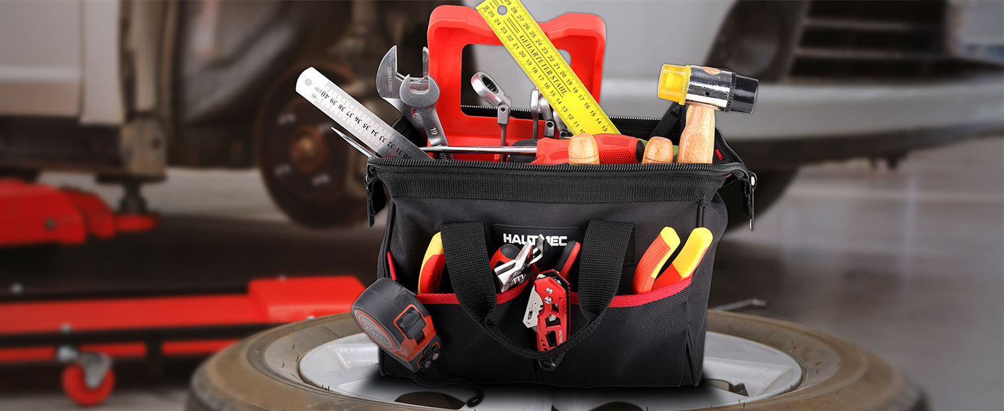 HAUTMEC 12 Inch Small Tool Bag, 1680D Wide Mouth Tool Box Organizer, Portable Utility Bag with Wear-Resistant Non-Slip Base and Double Zipper Design, HT0286