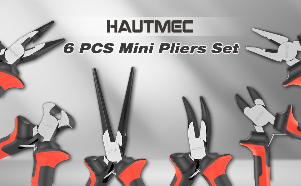 HAUTMEC 6PCS Mini Pliers Set High Leverage Multi Small Pliers Tool Set with Needle Nose, Linesman, Long Nose, Bent Nose, Diagonal Cutters, End Cutting Plier for Jewelry, Electronic and Crafts HT0275