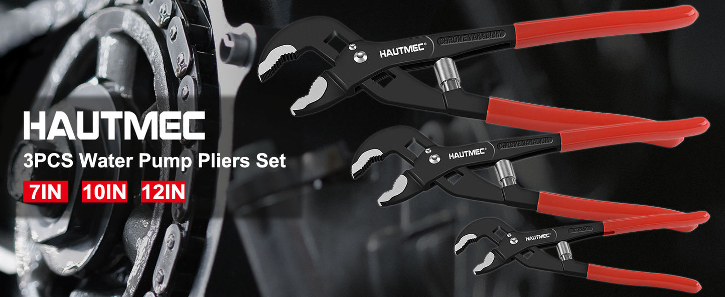 HAUTMEC 3PCS Tongue and Groove Joint Pliers Tool Set, Auto-Adjusting Water Pump Pliers Set with Storage Tool Bag, Comfort Grips, 7 10 12Inch Plier Rust-Proof CRV Steel Construction for Plumbing HT0324-PL