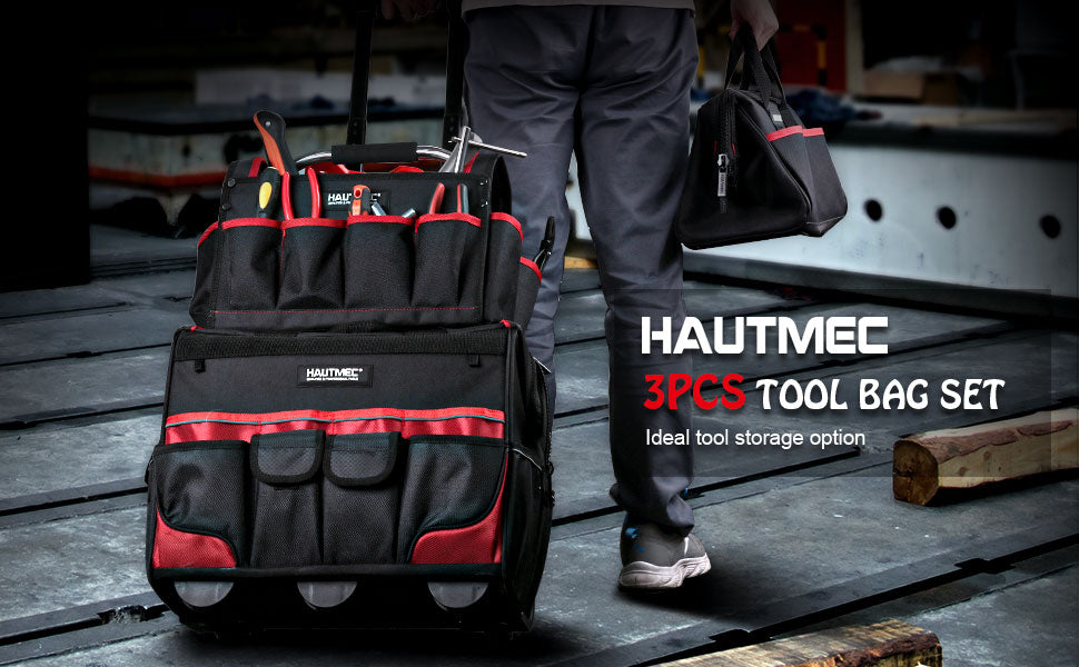 HAUTMEC 3-Piece Rolling Tool Bag Set – 18” Wheeled Tool Bag, 15” Electrician Tool Tote & 12” Wide Mouth Bag, 1680D Water-Resistant Heavy-Duty Portable Tool Storage – HT0287