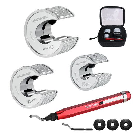HAUTMEC Copper Pipe Cutter Set 3 PCS Tube Cutter Plumbing Tools, in Portable Storage Case, Includes 15mm.,22mm., and 28mm Pipe Cutters, Reaming Pen, 3 Spare Cutting Wheels, 1 Spare Deburring Blade,HT0445