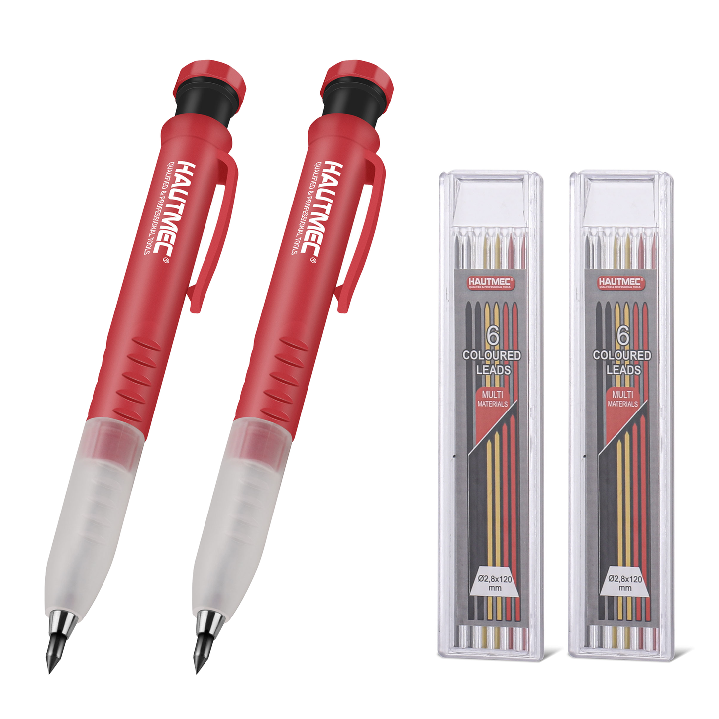 HAUTMEC 2 Pack 3-in-1 Carpenter Pencils with Removable Finger Grip, Built-in Sharpener and 14 Leads (3 Colors), Mechanical Construction Pencil for Deep Marking Scribing, Pro Tracer Pencil, HT0293-2