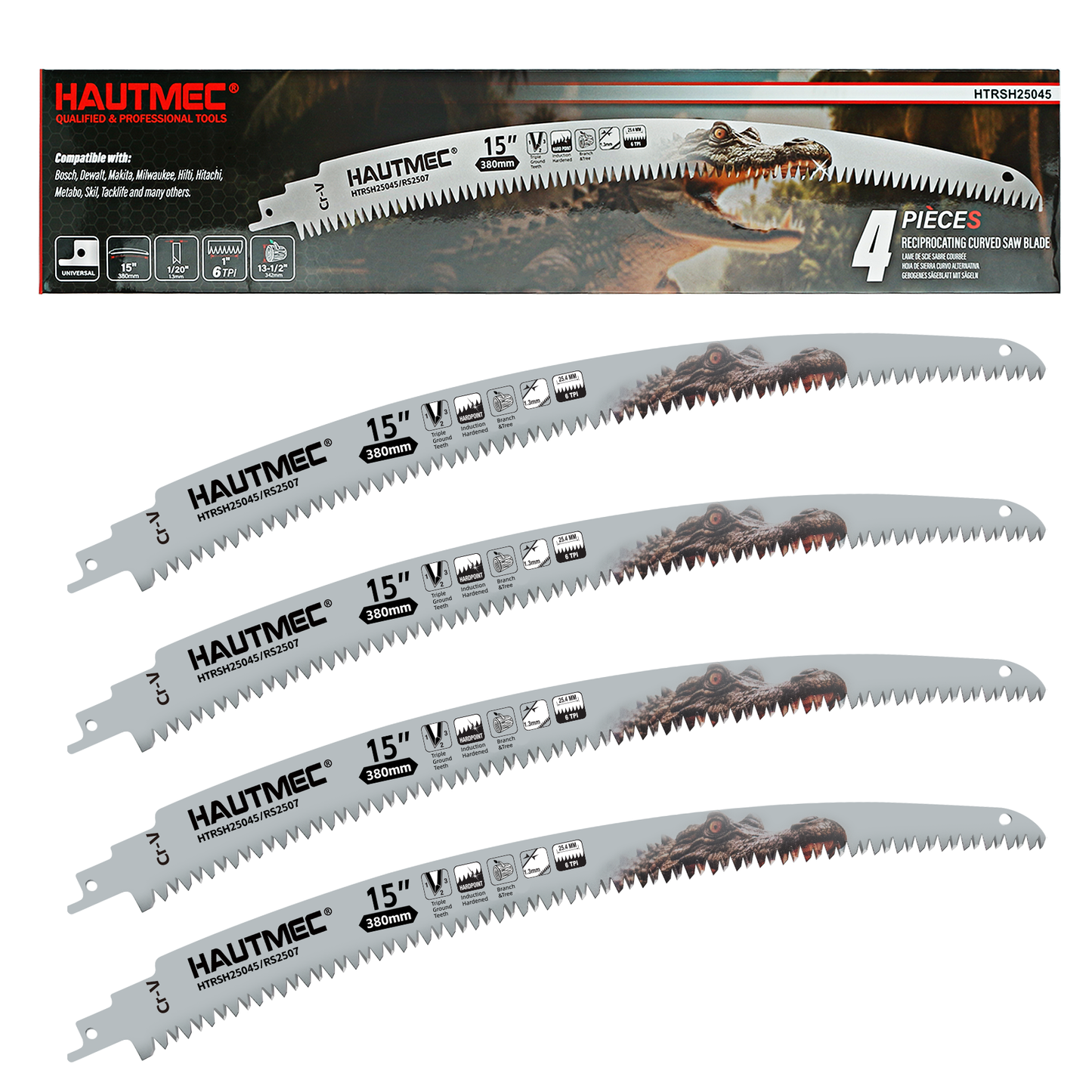 HAUTMEC 15 Inch Japanese Teeth Reciprocating Saw Blade, Cr-V Sawzall Blades with 6TPI Harden Teeth, Arc Edge Design, Medium Cut for for Tree Trimming, Wood, PVC Pipe Cutting, 4 Pack – HTRSH25045
