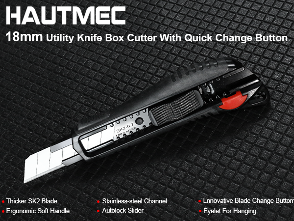 HAUTMEC 18mm Soft Grip Auto-Lock Utility Knife With Red Safety Switch, Sturdy Cutter with Ultra Sharp Black Snap-off Blade, HT0081-10PC