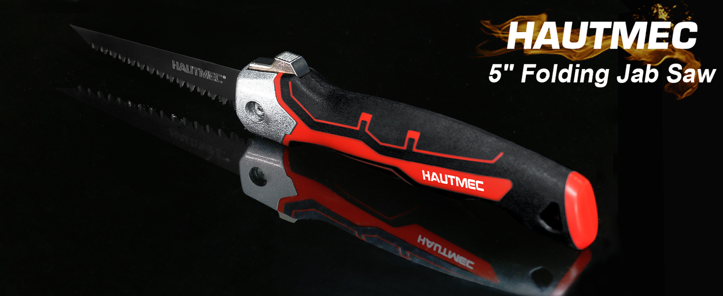 HAUTMEC 5" Folding Drywall Saw/Jab Saw/Keyhole Saw with Carbon Steel Blade, Sheetrock Saw with 7TPI Triple Sharpen Teeth, Compact Design with Holster, for Drywall, Wallboard, Plywood, PVC, HT0415