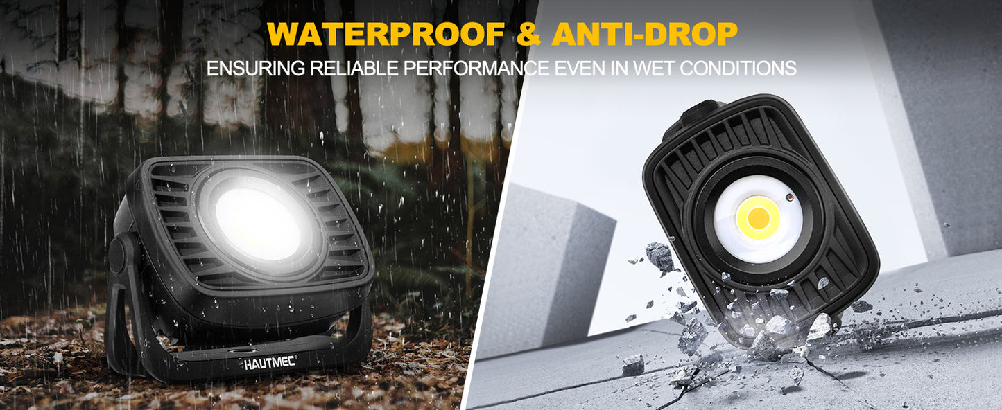 HAUTMEC Rechargeable Work Light, 360°Rotating COB 1500LM Portable Flood Light with Magnetic Base and Pothook, Waterproof Power Bank Worklight Tool for Car Repairing Construction Sites, HT0168-WL