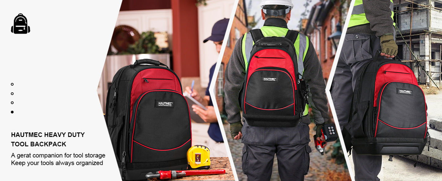 HAUTMEC Heavy-Duty Tool Backpack, 1680D Pro Backpack Tool Bag with Padded Laptop Compartment, 22 Pockets & Molded Waterproof Base for Electricians, Contractors, and Technicians – HT0285