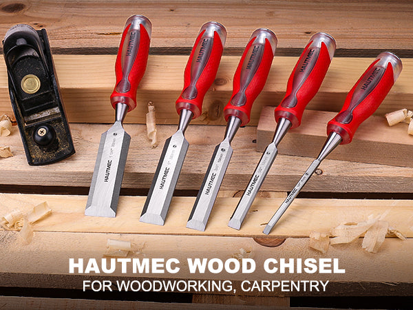 HAUTMEC 3-Piece Wood Chisel Set – High-Impact Drop-Forged CRV Steel, Fully Polished Beveled Edge Blades, Heavy-Duty Strike Cap & Extended Anti-Skid Handle – HT0364