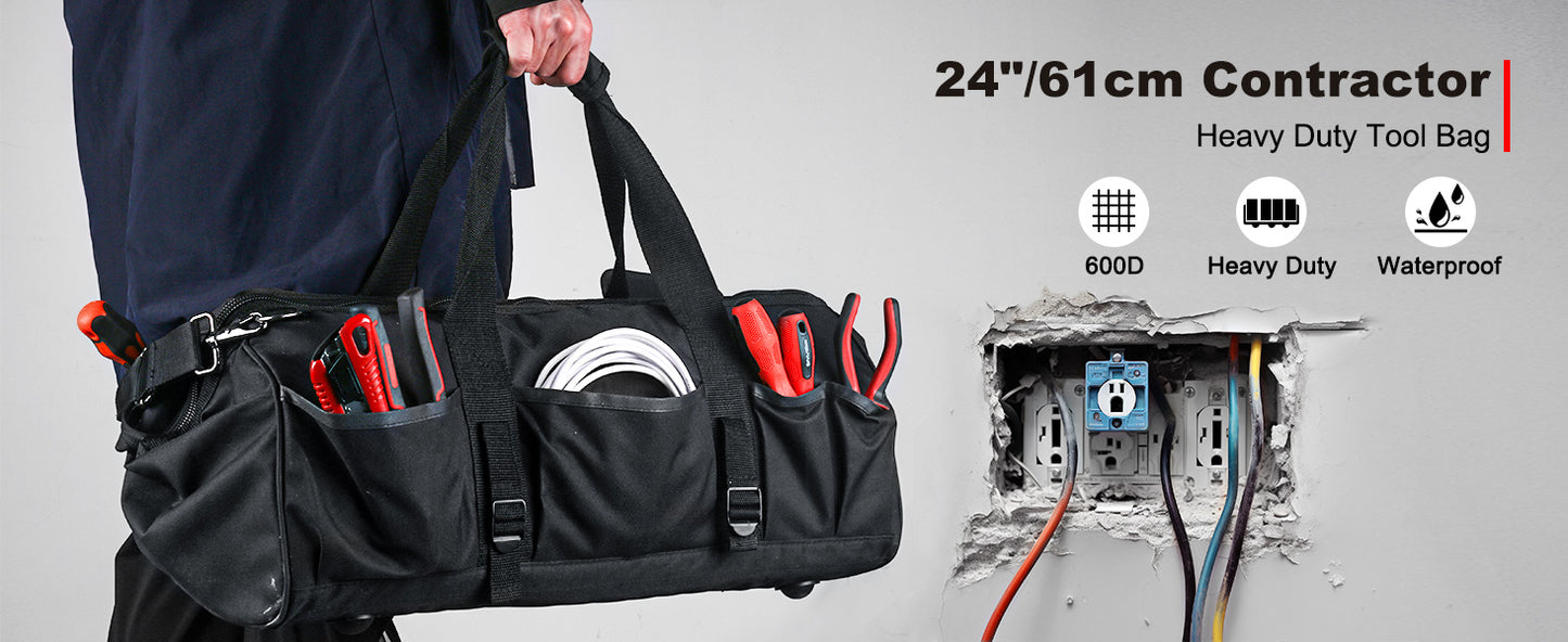 HAUTMEC 24" Heavy-Duty Tool Bag for Men, Portable Wide Mouth Tool Bag with 21-Pockets, Waterproof Molded Base, Adjustable Shoulder Strap & Metal Frame Structure, All Black – HT0184