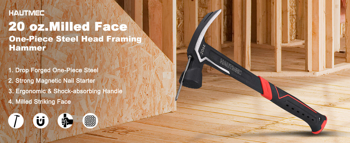 HAUTMEC 20 oz. One Piece Forged Framing Hammer With Straight Rip Claw, Milled Face, Shock-Absorbing Grip, with Magnetic Nail Holder, HT0371-HM