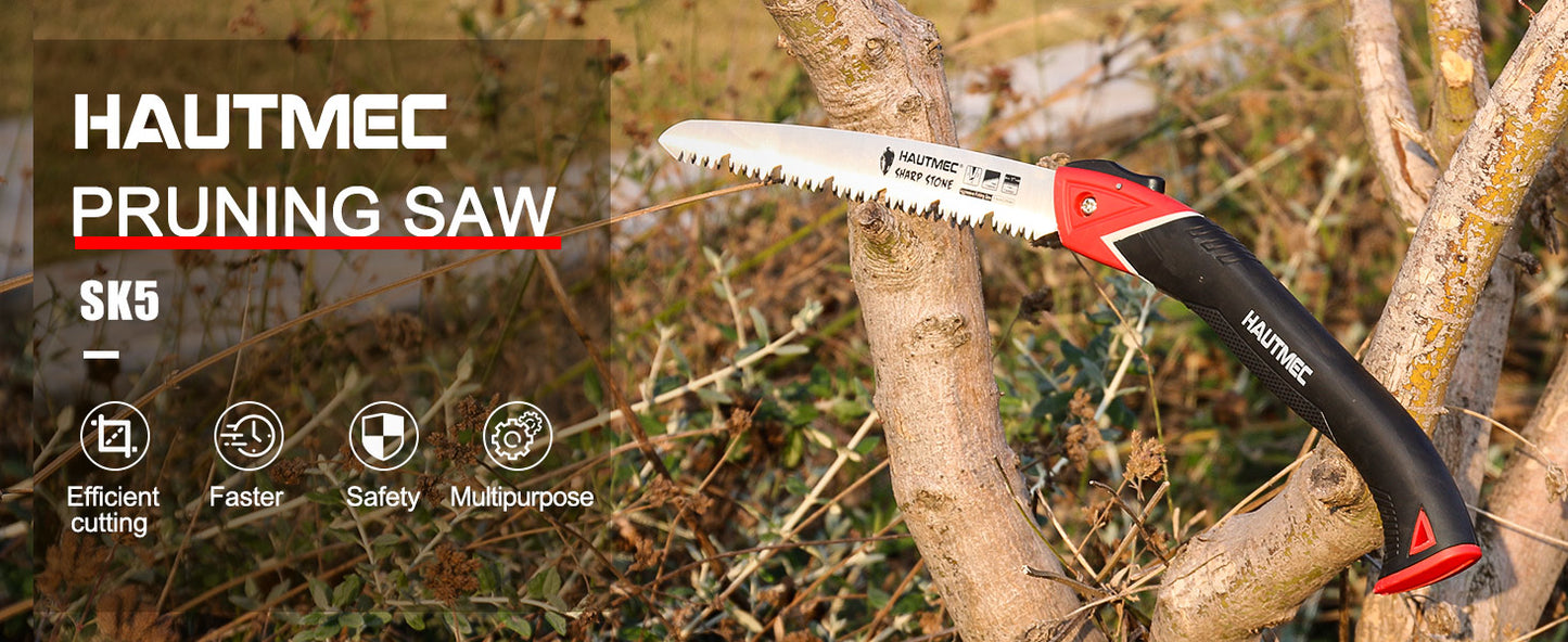 HAUTMEC 9" Pruning Hand saw, Pro Folding Saw of Sharp Stone Serie, SK5 Blade, Precision Hardened Triple-cut Teeth, Deep Gullets for Swift Chip HT0304