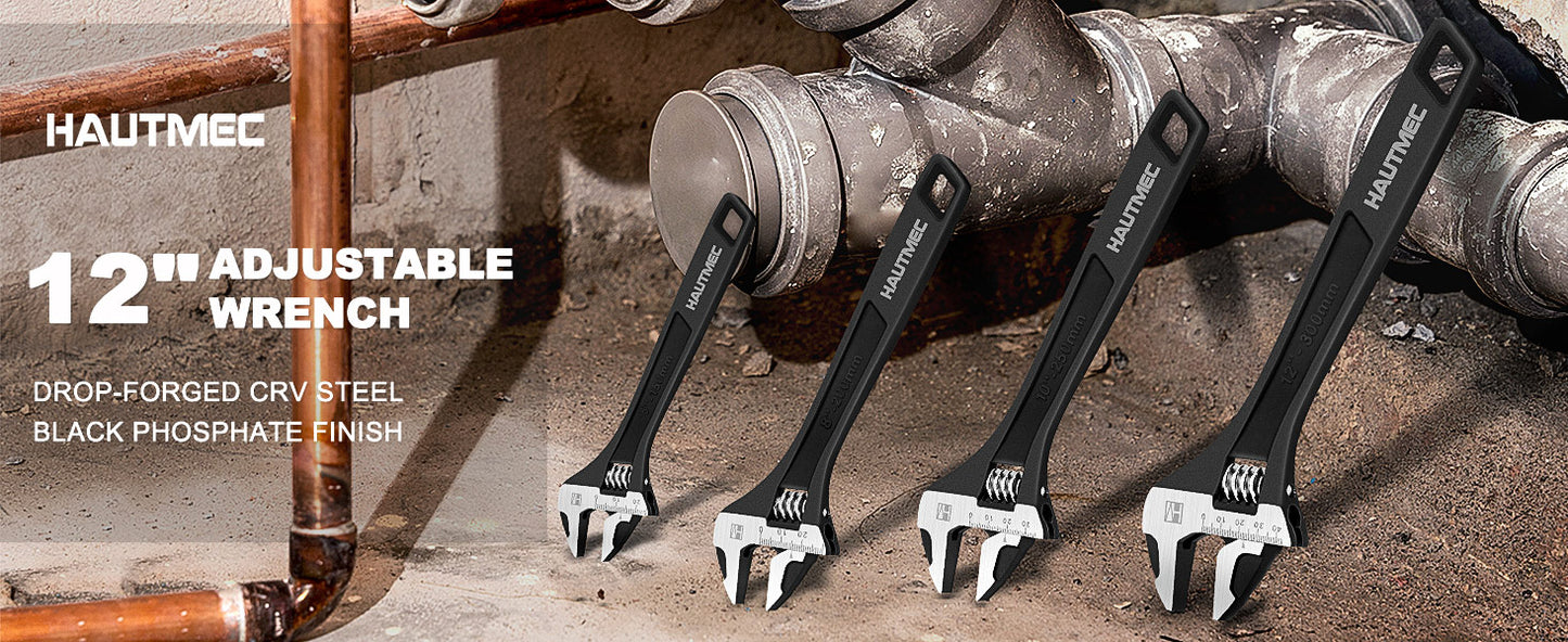 HAUTMEC 10 inch Adjustable Wrench Extra Wide Jaw Black Finish Adjustable Wrenches Drop-Forged CR-V Steel Metric & SAE Scales for Home Garage Workshop DIY, HT0374
