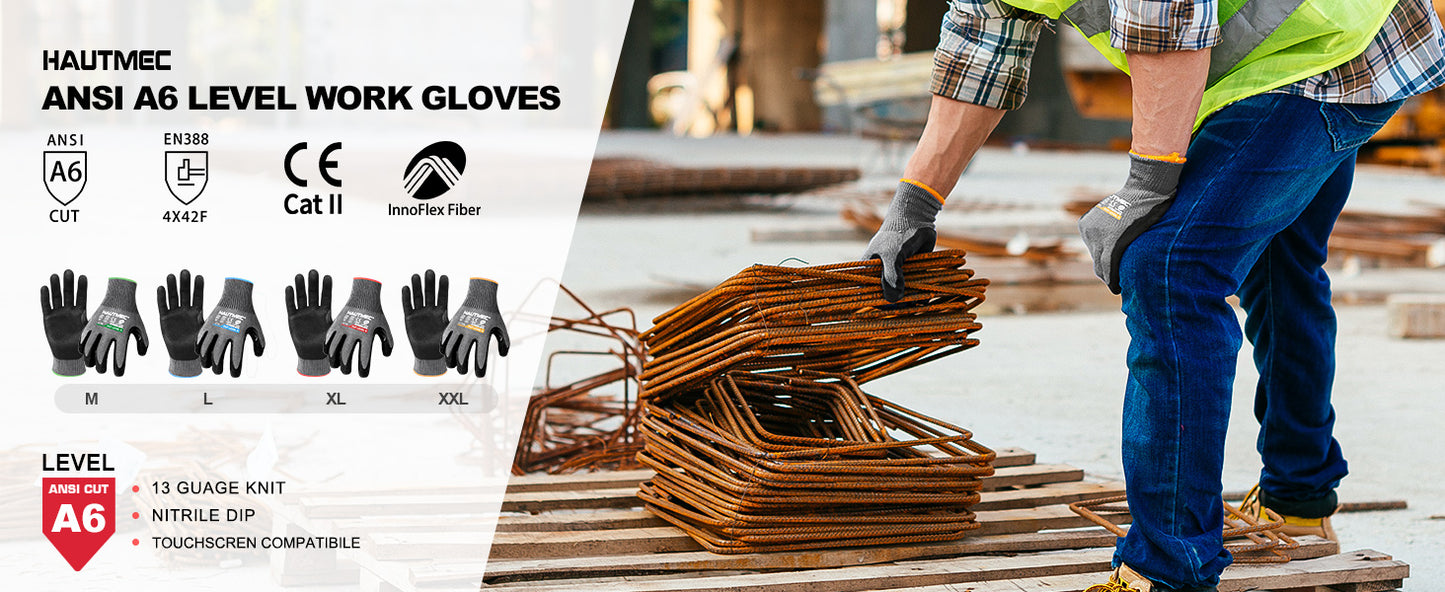 HAUTMEC InnoFlex Cut Resistant Work Gloves A6 Cutting Gloves, High-Dexterity Nitrile Dipped, Touchscreen, 13 Gauge Knit Reinforced Nitrile Coating Cut Proof Gloves for Men for Construction, Manufacture, Garden, Fishing, Garden(L) HT0381