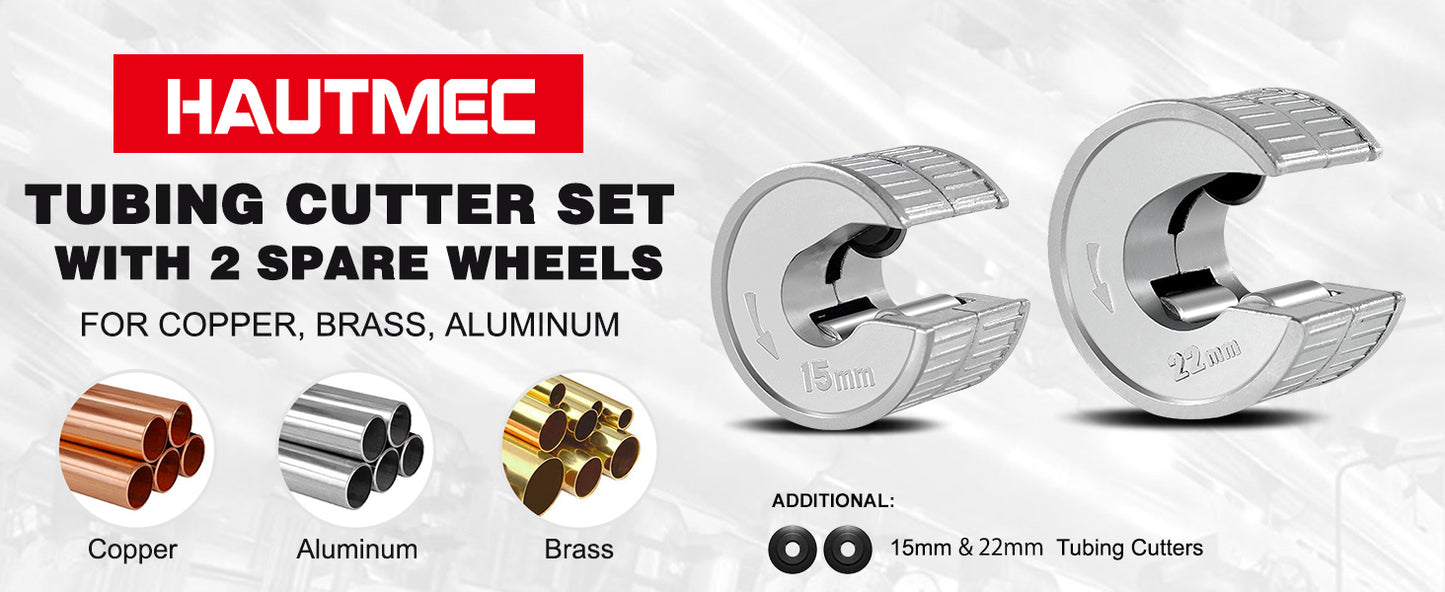 HAUTMEC Copper Pipe Cutter Sturdy Plumbing Auto Cut Tube Cutter Set Twin Pack 15 & 22mm Pipe Cutters Pipe Slice with 2 Spare Pipe Cutting Wheel Blades,PL7261701