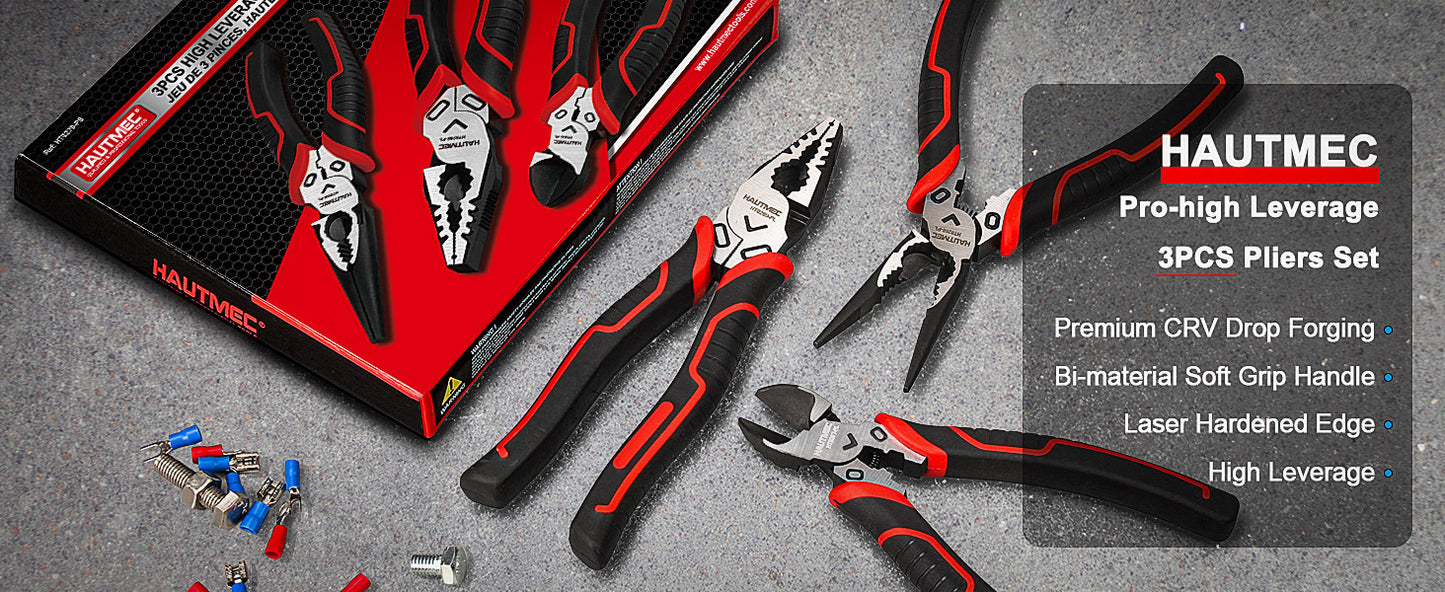 HAUTMEC 3PCS High Leverage Plier Set Multi Pliers Tool Set with 8" Needle Nose Pliers,8" Linesman Pliers and 6" Diagonal Cutting Pliers HT0270