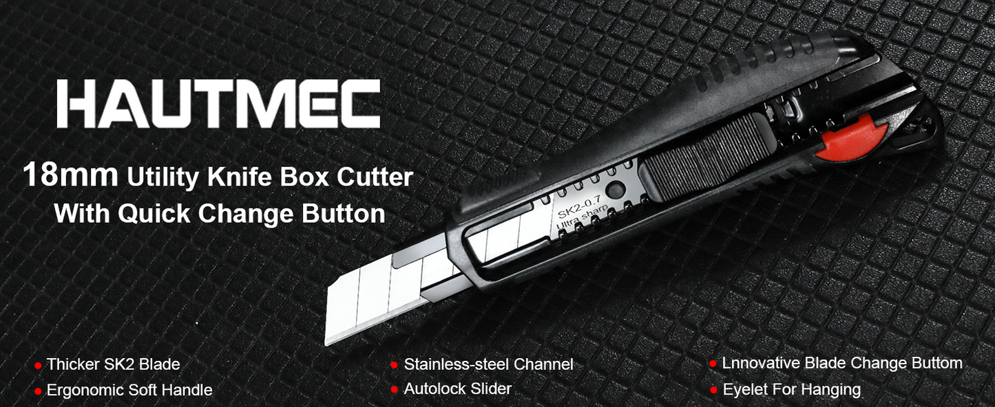 HAUTMEC 18mm Soft Grip Auto-Lock Utility Knife With Red Safety Switch, Sturdy Cutter with Ultra Sharp Black Snap-off Blade, HT0081-10PC