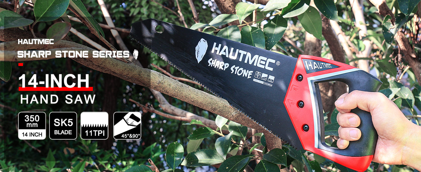 HAUTMEC 14 Inch Hand Saw, Pro Fine-Cut Handsaw with 11 TPI Anti-Rust SK5 Blade for Cutting Wood, Laminate, PVC, Heavy-Duty Wood Saw with Non-Slip Ergonomic Handle – HT0301 Sharp Stone Series