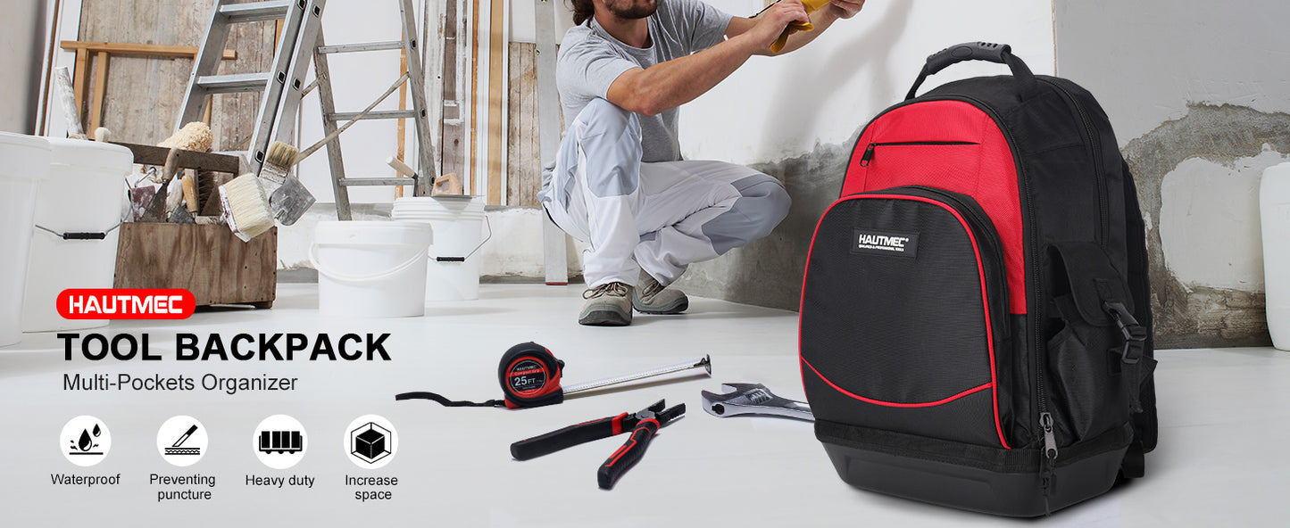 HAUTMEC Heavy-Duty Tool Backpack, 1680D Pro Backpack Tool Bag with Padded Laptop Compartment, 22 Pockets & Molded Waterproof Base for Electricians, Contractors, and Technicians – HT0285